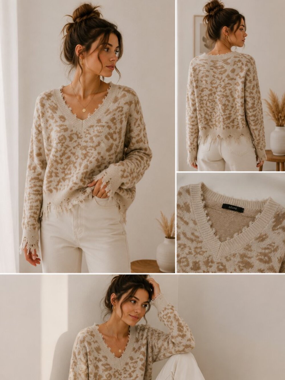 Lean Leopard Print Distressed Sweater XS Neutral Animal Print V-Neck Cozy Knit
